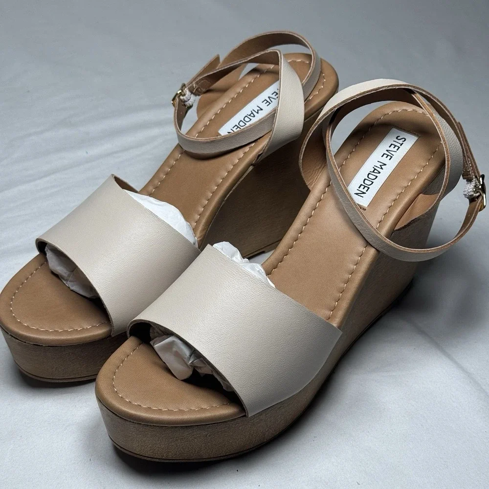 Steve Madden Welsh Leather Wedge Sandals Womens Size 9 Nude Platform Ankle Strap